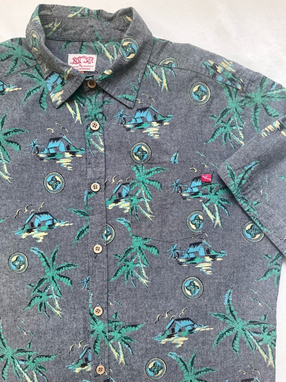 Lost At Sea Men's Cotton Tropical hula hut Button-Up Shirt L